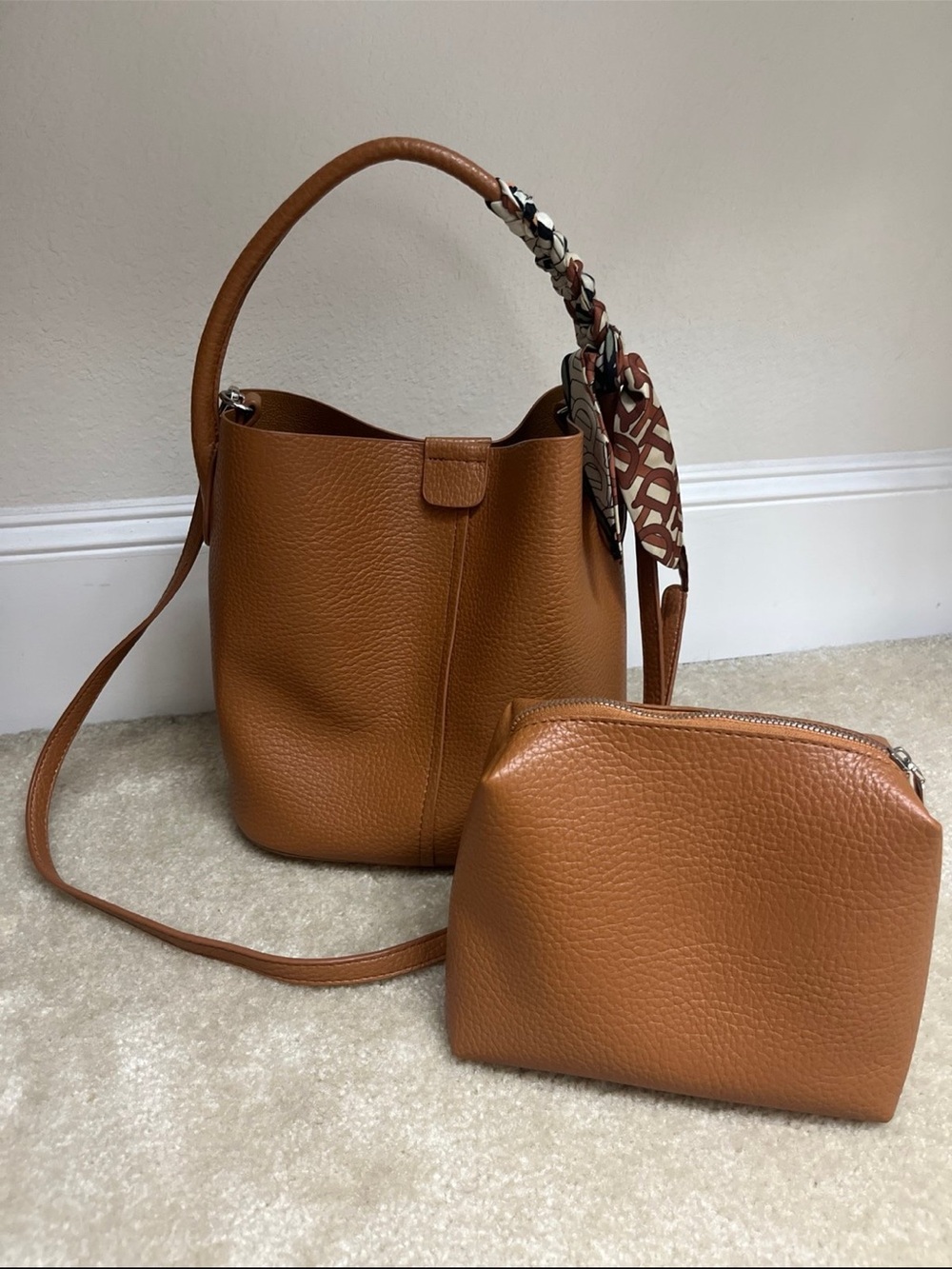 Faux Leather Bucket Purse with Scarf
